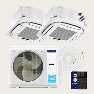 DELLA 27000 BTU 26.5 SEER2 Dual Zone Ceiling Cassette Mini Split AC (12K+12K) - Up to 1100 Sq. Ft.