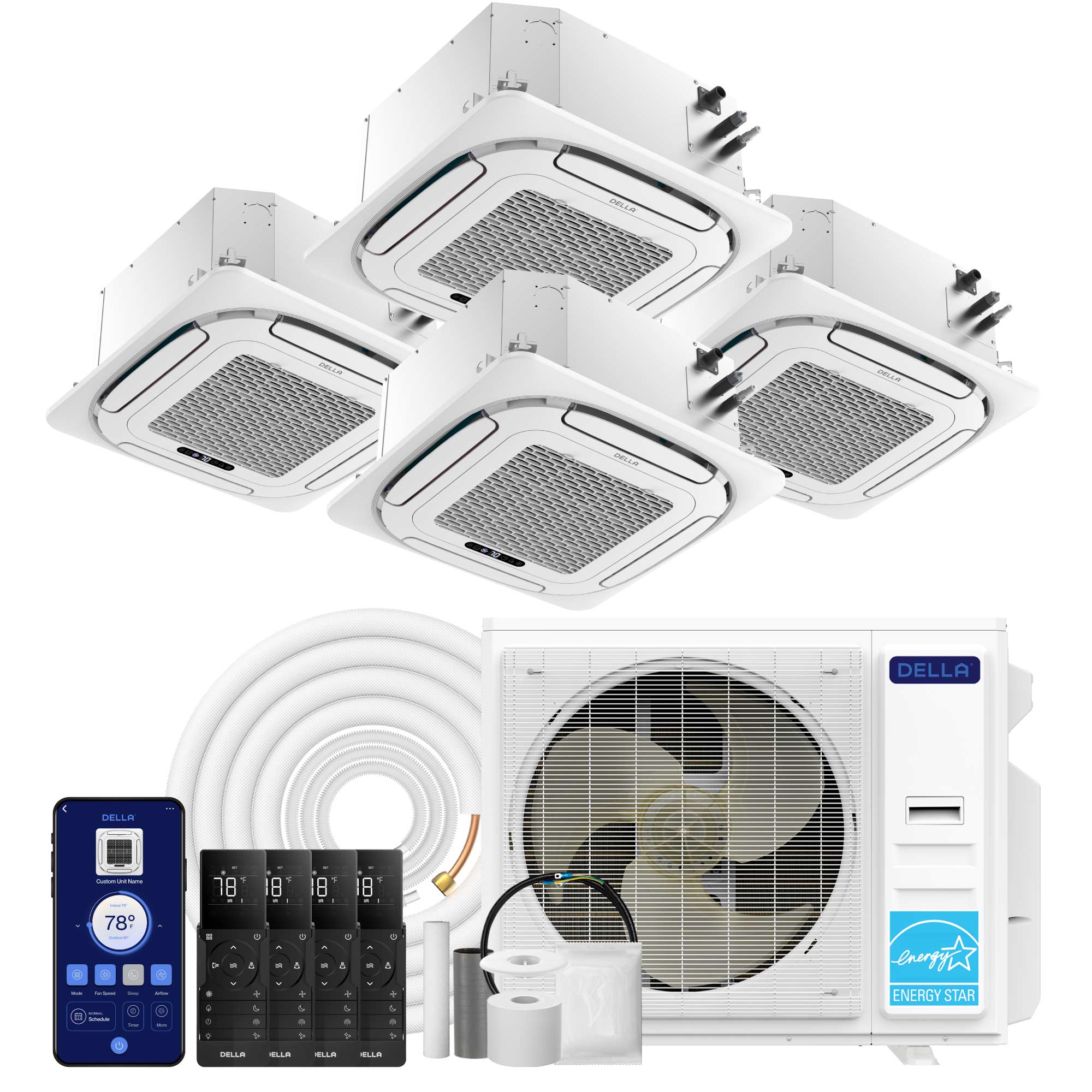 DELLA 35000 BTU Quad-Zone Ceiling Cassette Mini Split AC (9K+9K+12K+12K) - Up to 1900 Sq.Ft.