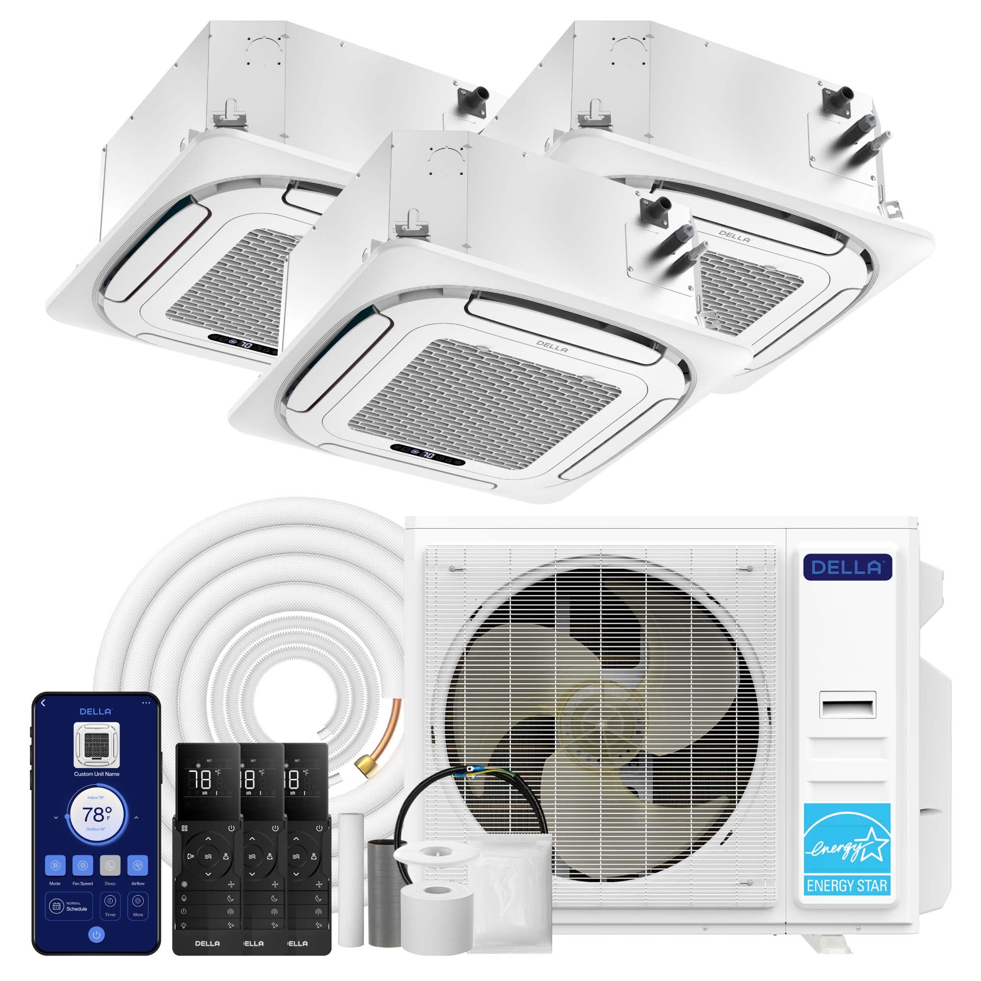 DELLA 35000 BTU Tri-Zone Ceiling Cassette Mini Split AC (12K+12K+24K) - Up to 2600 Sq.Ft.