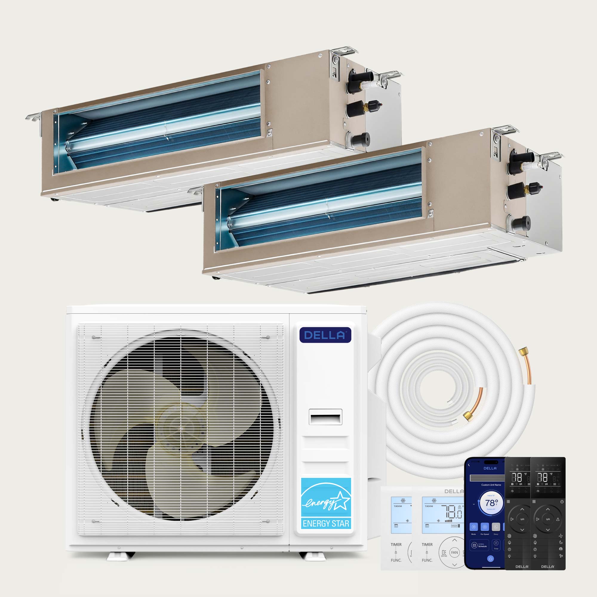 DELLA 34000 BTU Dual Zone Concealed Ducted Mini Split Heat Pump AC (17K + 17K)