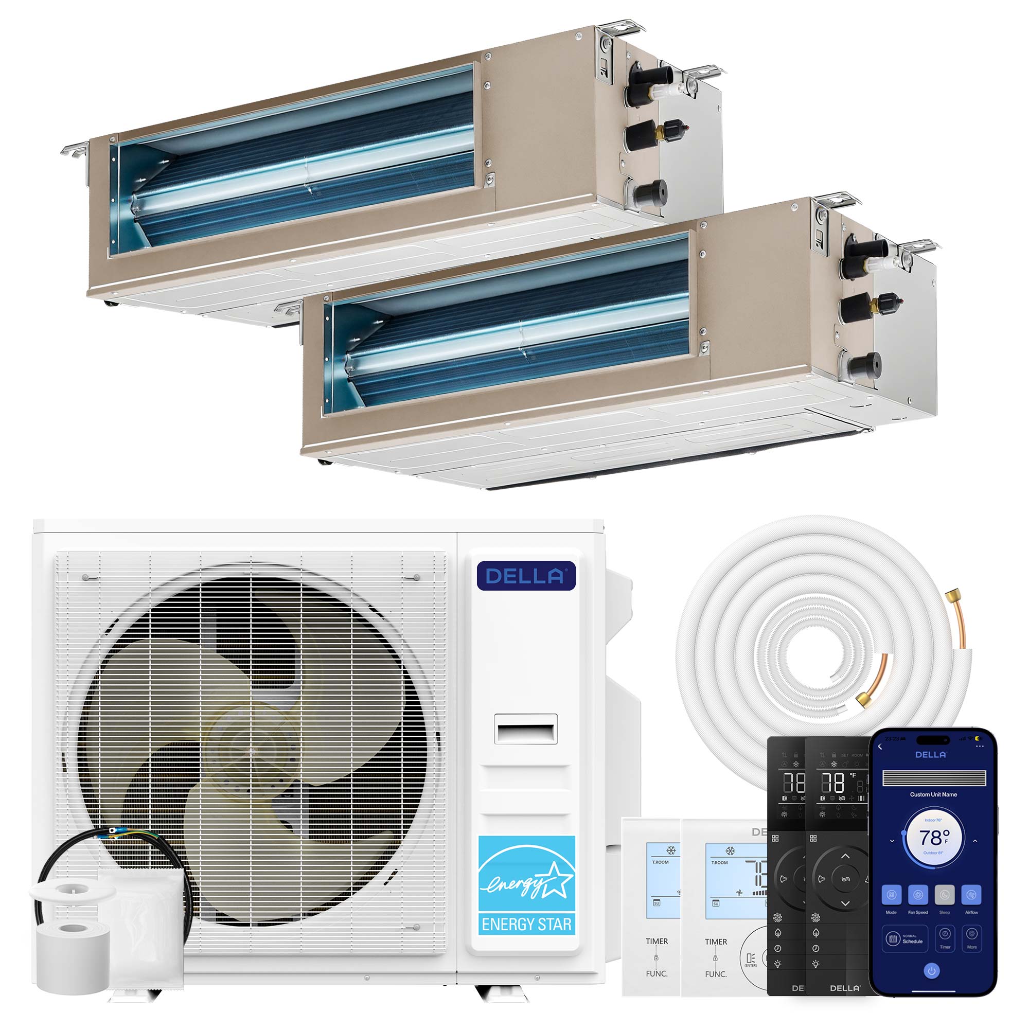 DELLA 34000 BTU Dual Zone Concealed Ducted Mini Split Heat Pump AC (17K + 17K)