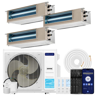 DELLA 34000 BTU Tri-Zone Concealed Ducted Mini Split Heat Pump AC (9.5K + 11K + 17K)