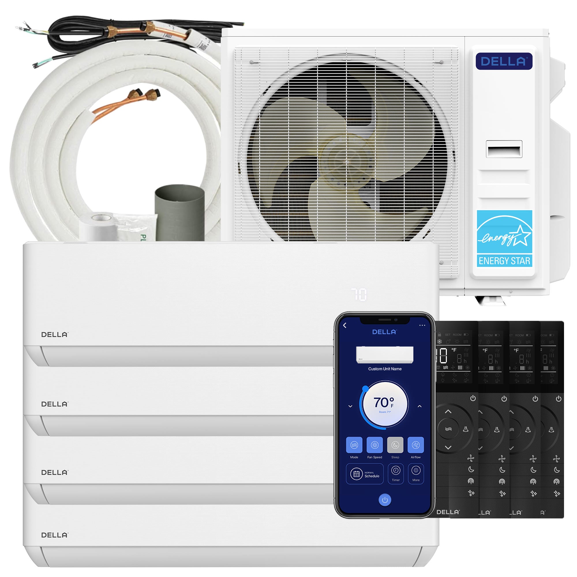 DELLA Optima Series 35000 BTU Quad Zone Mini Split AC with R-454B (9K+9K+9k+12k) – Up to 1750 Sq.Ft.