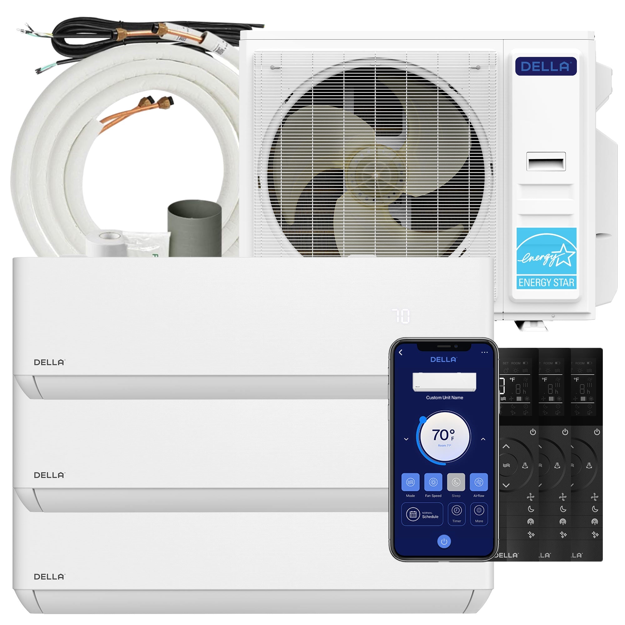 DELLA Optima Series 35000 BTU Tri-Zone Mini Split AC (9K+12K+12k) - Up to 1500 Sq.Ft.