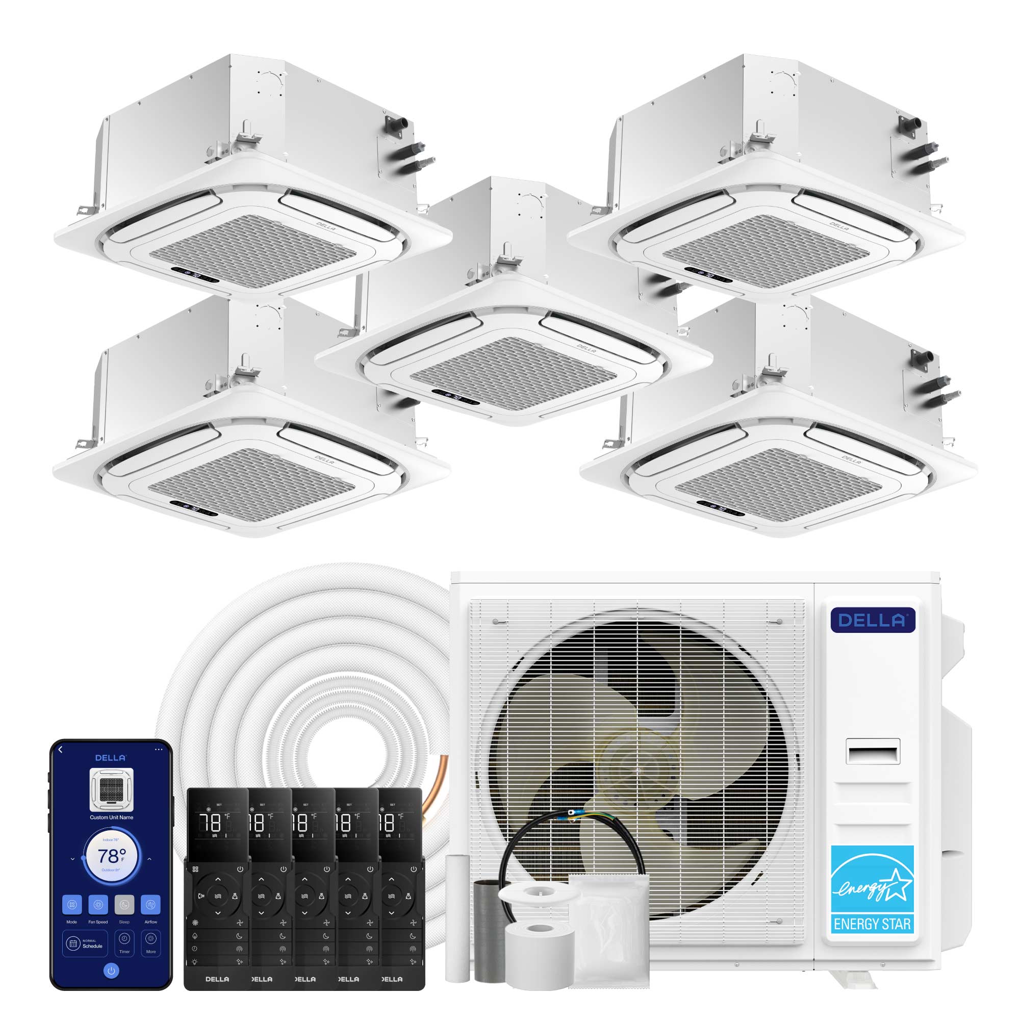 DELLA 42000 BTU Five Zone Ceiling Cassette Mini Split AC (9K+9K+9K+12K+12K) - Up to 2300 Sq.Ft.