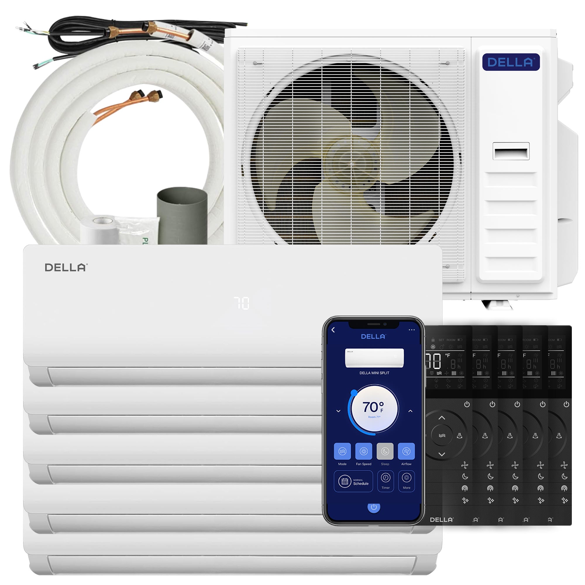 DELLA Vario Series 45000 BTU Five Zone Mini Split AC with R-454B (9K+9K+9k+12K+18k) - Up to 2750 Sq.Ft.
