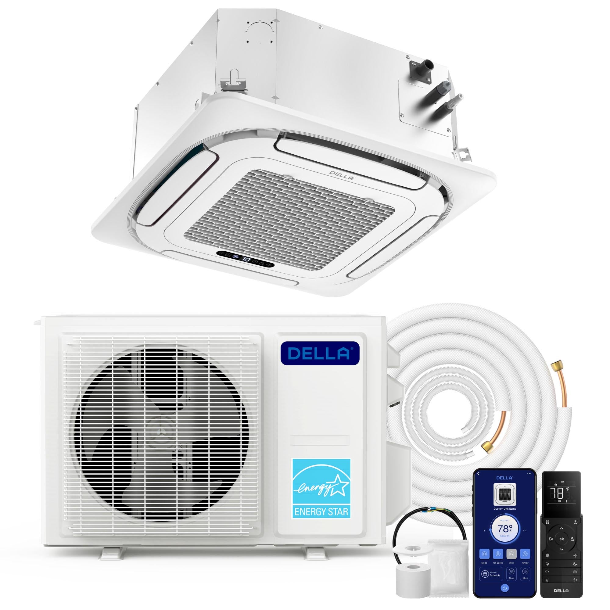 DELLA 23,000 BTU 22.5 SEER2 Ceiling Cassette Ductless Mini Split AC - Up to 480 Sq.Ft.