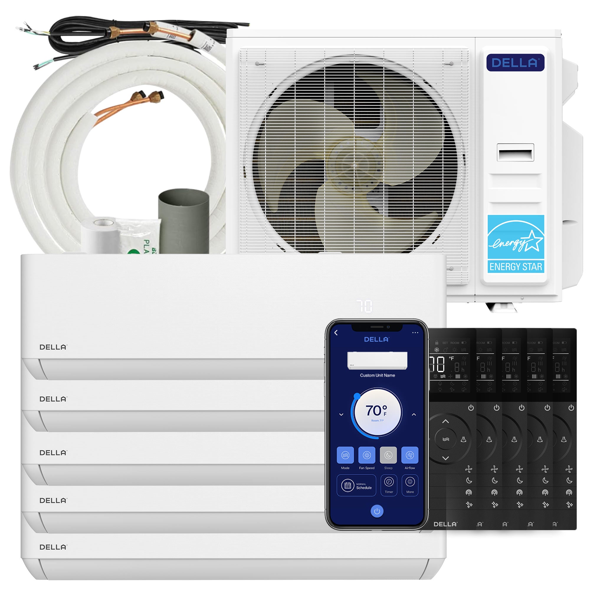 DELLA Optima Series 42000 BTU Five Zone Mini Split AC with R-454B (9K+9K+9k+12K+12k) - Up to 2300 Sq.Ft.