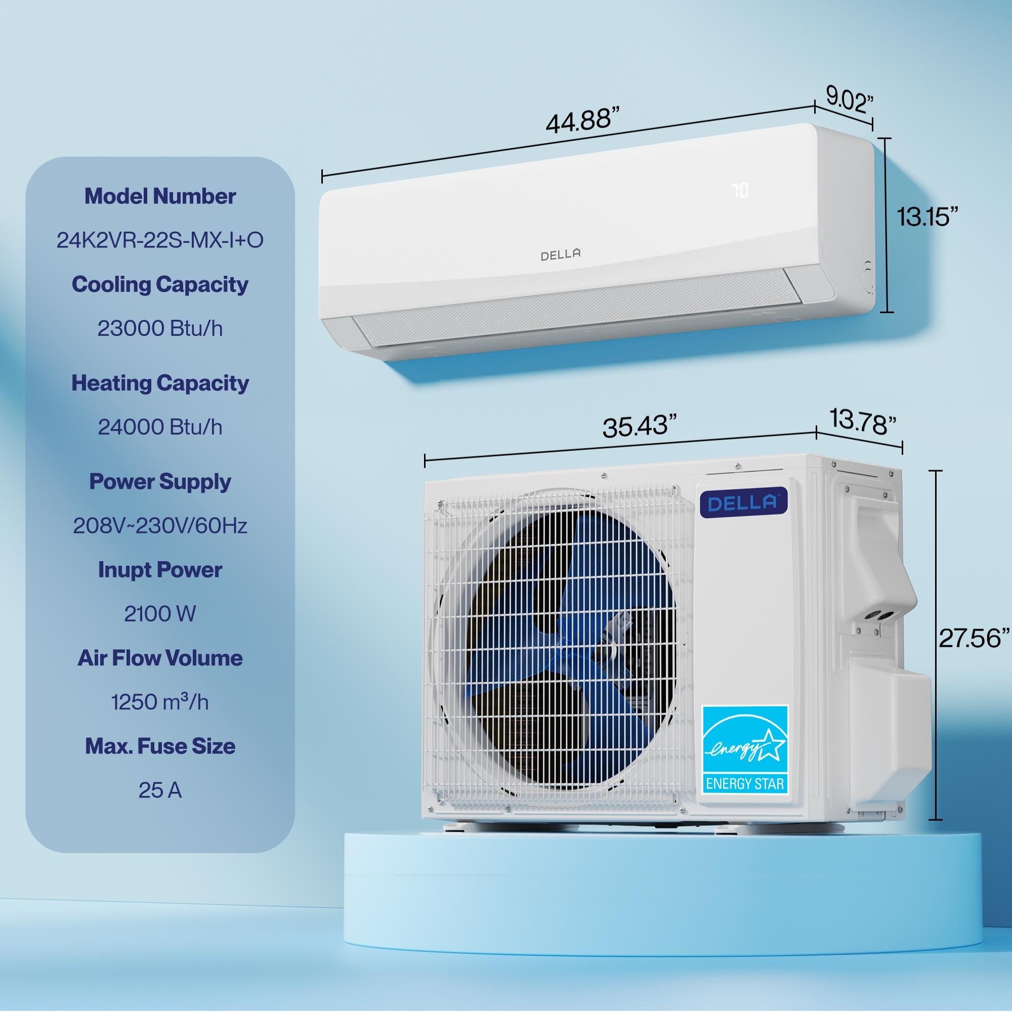 DELLA Serena CloudAir Series 23000 BTU 22 SEER2 Mini Split Heat Pump AC - Up to 1500 Sq.Ft.
