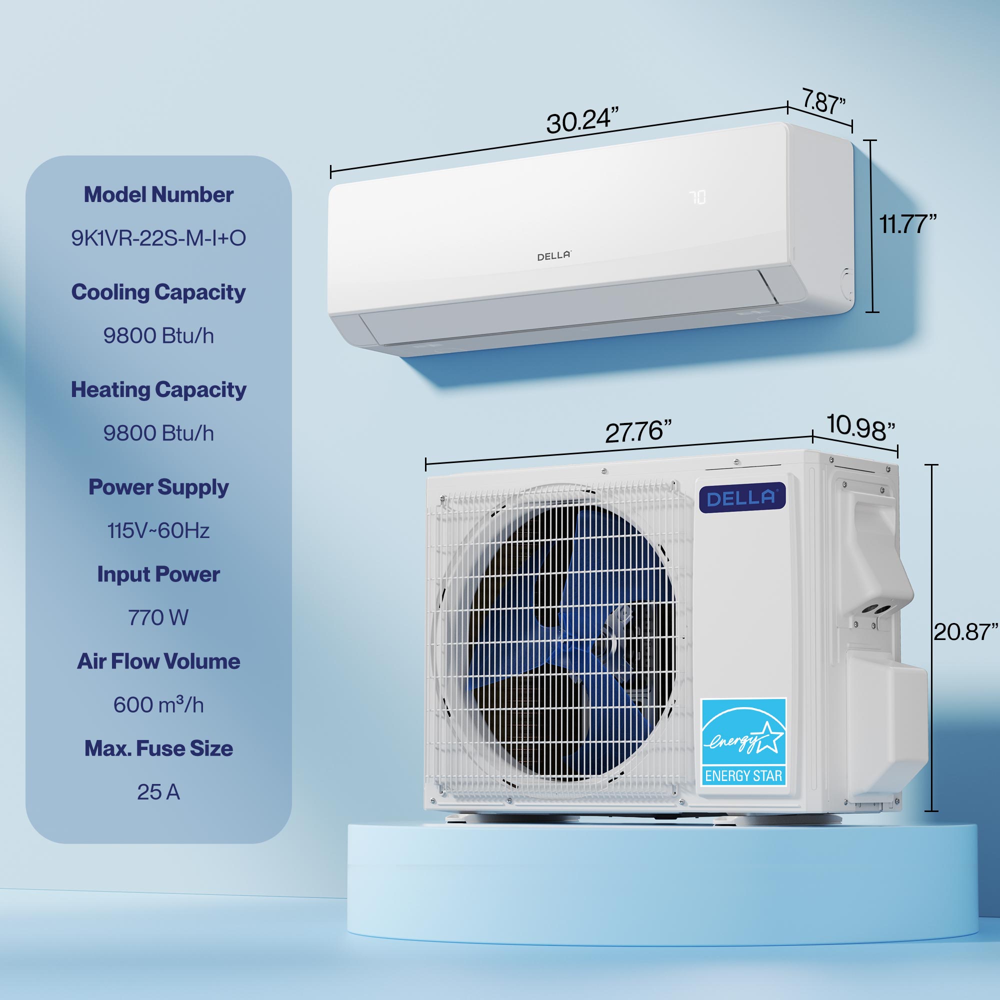 DELLA Serena Series 9800 BTU 22 SEER2 Mini-Split Heat Pump AC - Up to 400 Sq.Ft.
