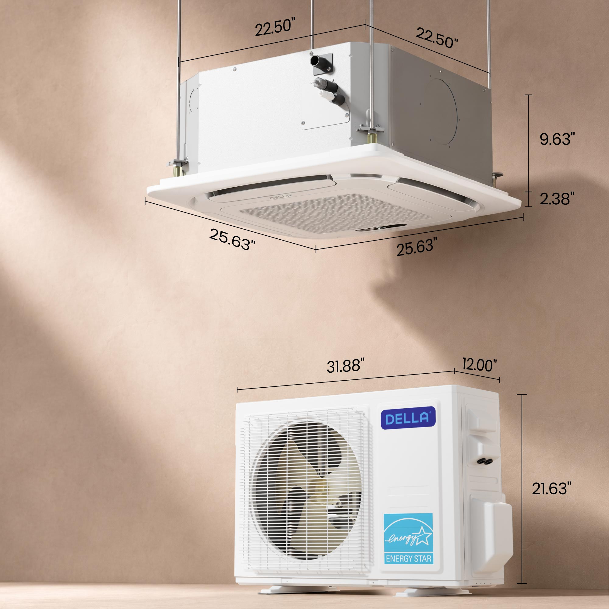 DELLA 12,000 BTU 22 SEER2 Ceiling Cassette Ductless Mini Split AC - Up to 550 Sq.Ft.