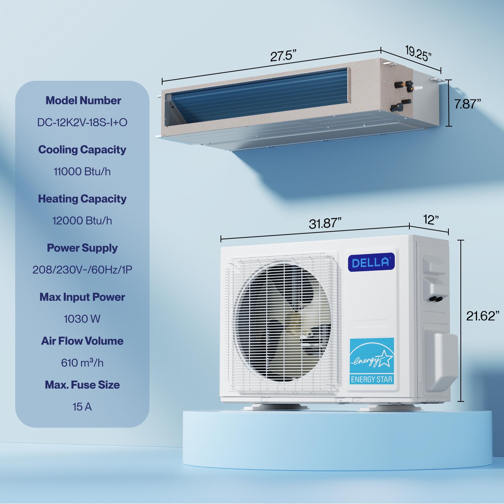 DELLA 11000 BTU 19 SEER2 Mini split de aire acondicionado oculto con conductos