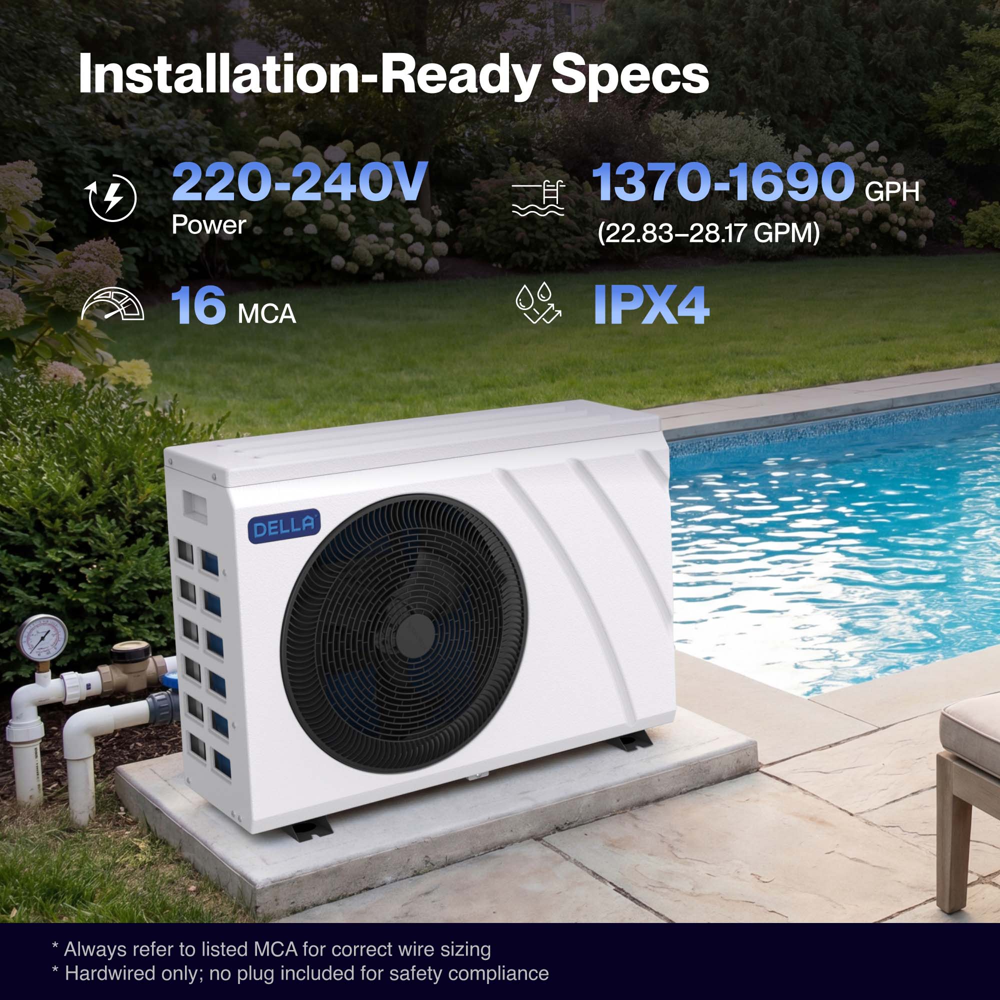 DELLA Omi Edge Series 48,500 BTU Inverter Pool Heat Pump for Pools up to 15,000 Gallons