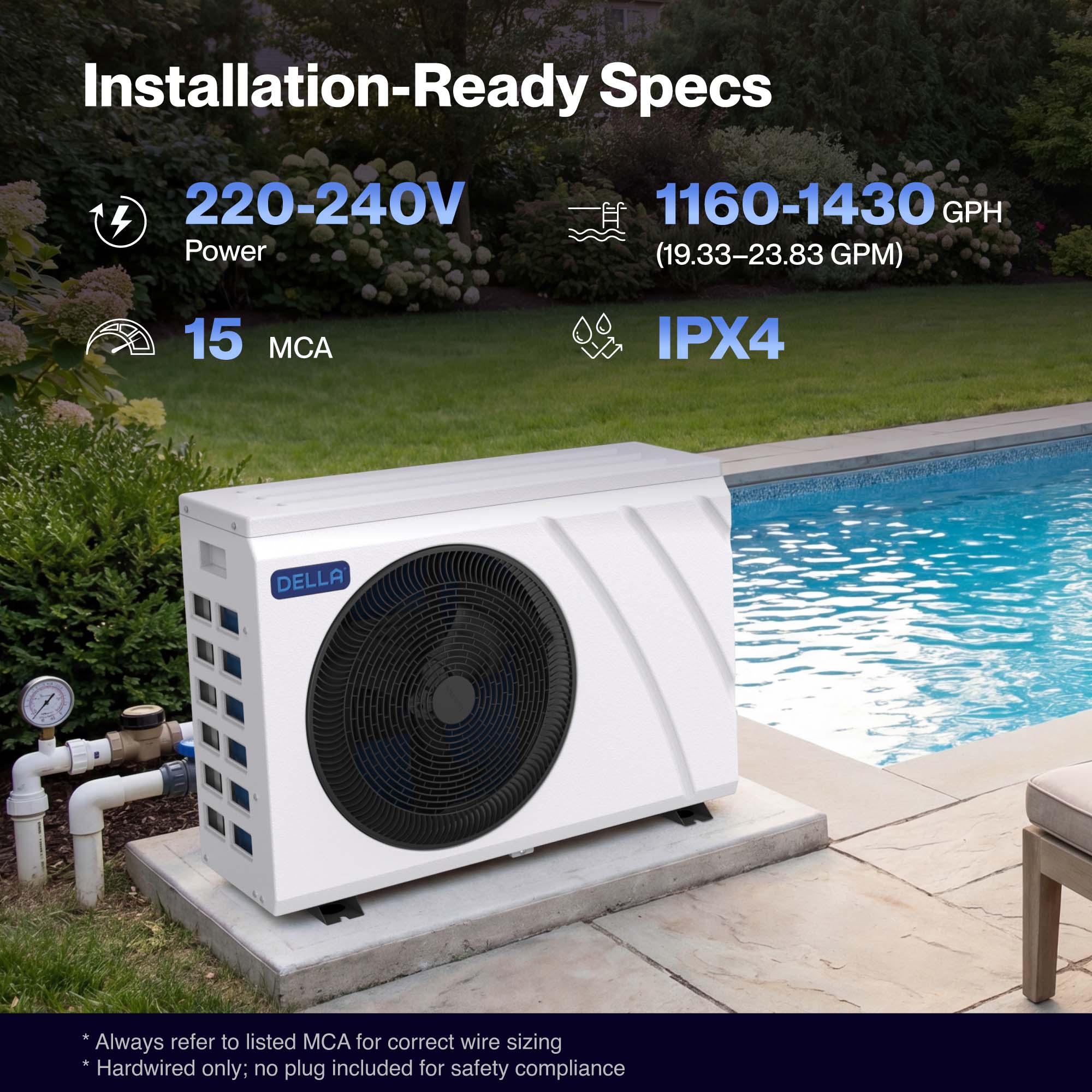 DELLA Omi Edge Series 38,500 BTU Inverter Pool Heat Pump for Pools up to 13,000 Gallons