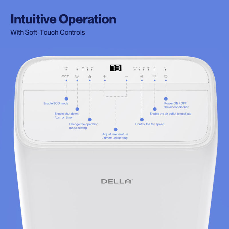 DELLA14000 BTU Inverter Ultra Quiet Portable AC with Remote & App Control, Dehumidifier, Fan & Sleep Mode, Cools Up To 450 Sq. Ft.