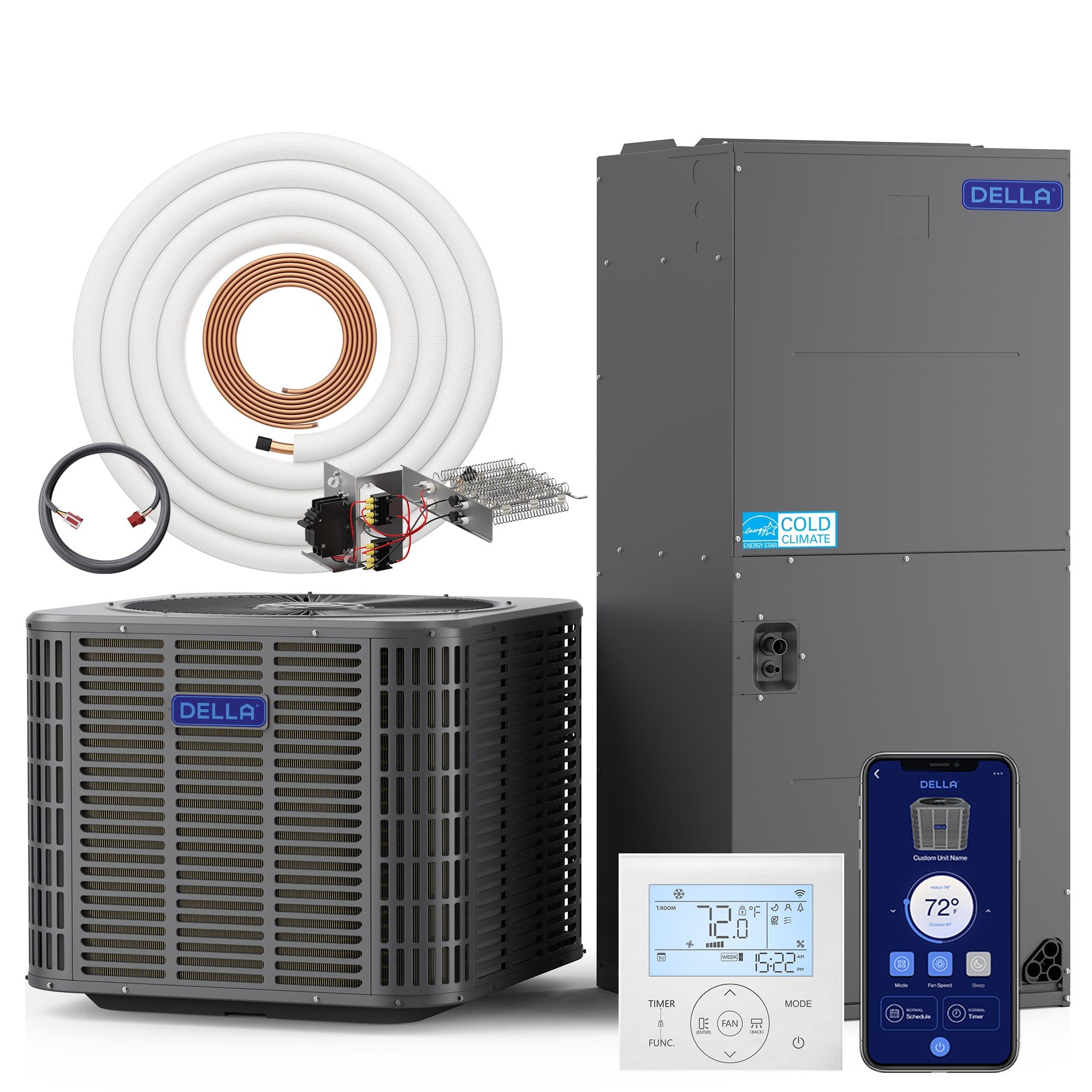 Aire acondicionado central por conductos DELLA de 24 000 BTU y 18 SEER2 con controlador de aire 