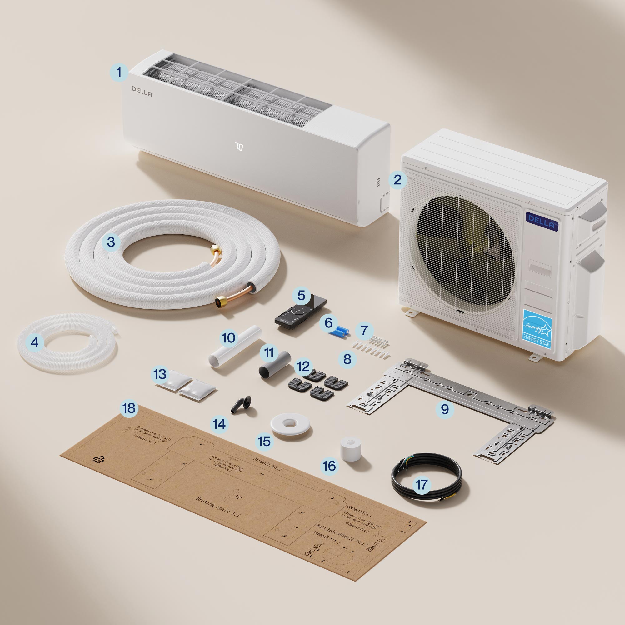 DELLA Vario Series 35000 BTU Dual Zone Mini Split AC (12K+18K) - Up to 1550 Sq.Ft.