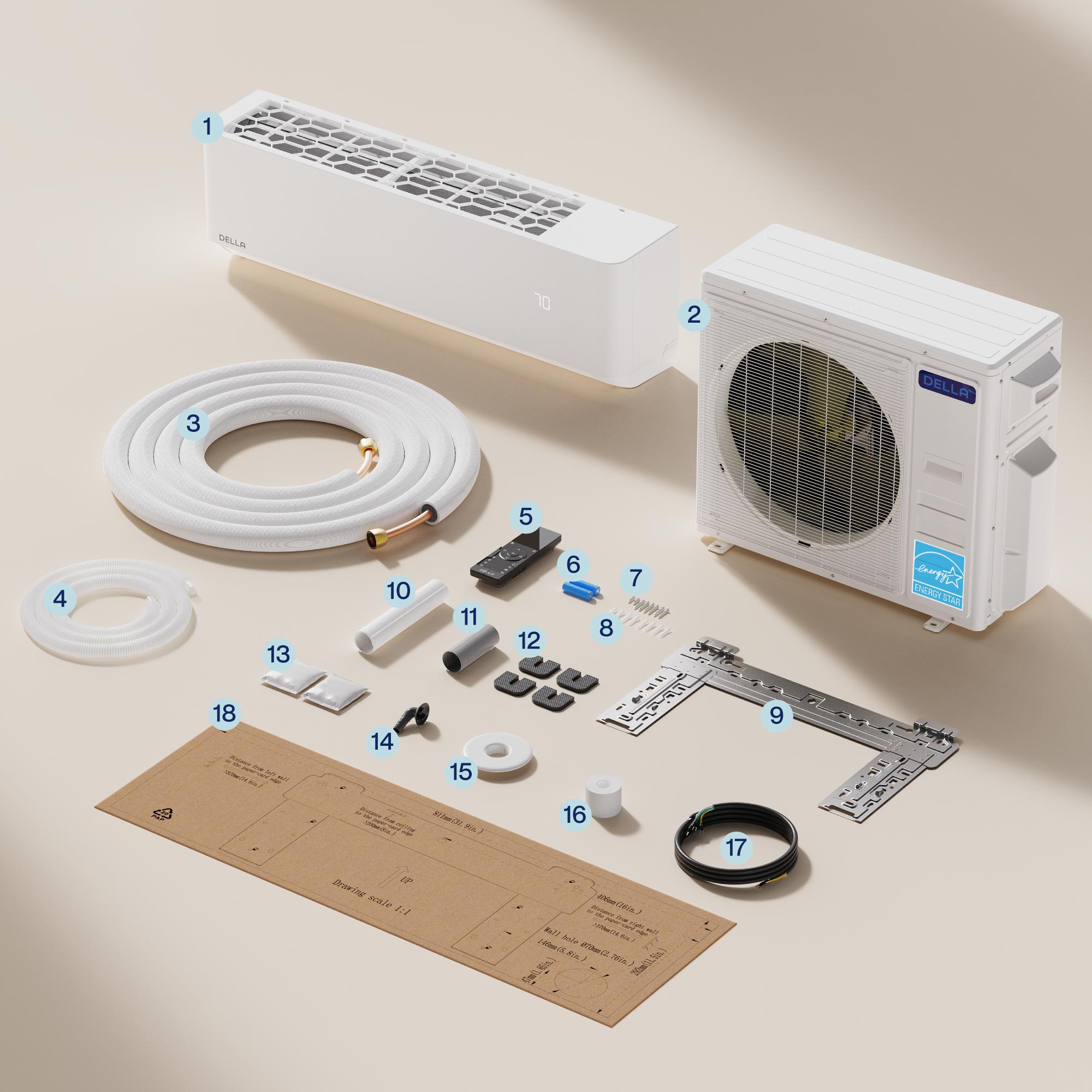 DELLA Optima Series 35000 BTU Dual Zone Mini Split AC (12K+23K) - Up to 2050 Sq.Ft.