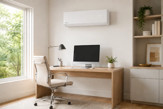 A bright home office with a wall-mounted mini split