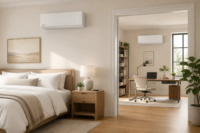 A bedroom with a wall-mounted mini split