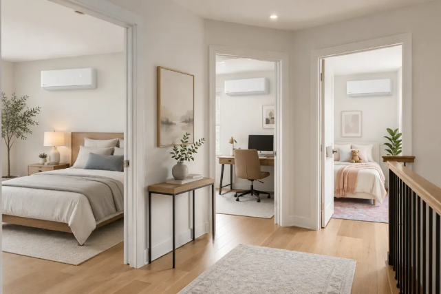 A hallway and rooms with individual mini split comfort